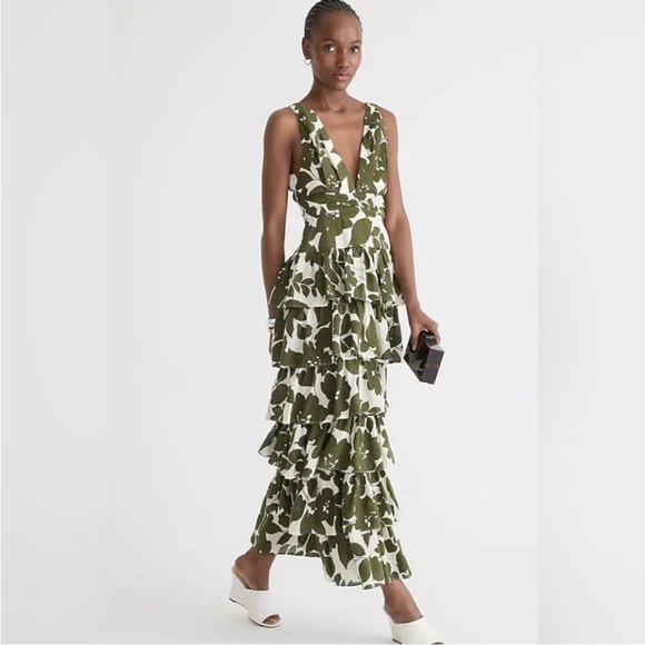 J CREW Collection Plunge Neck Tiered Maxi Dress Leafy Floral Green Cream Size 16